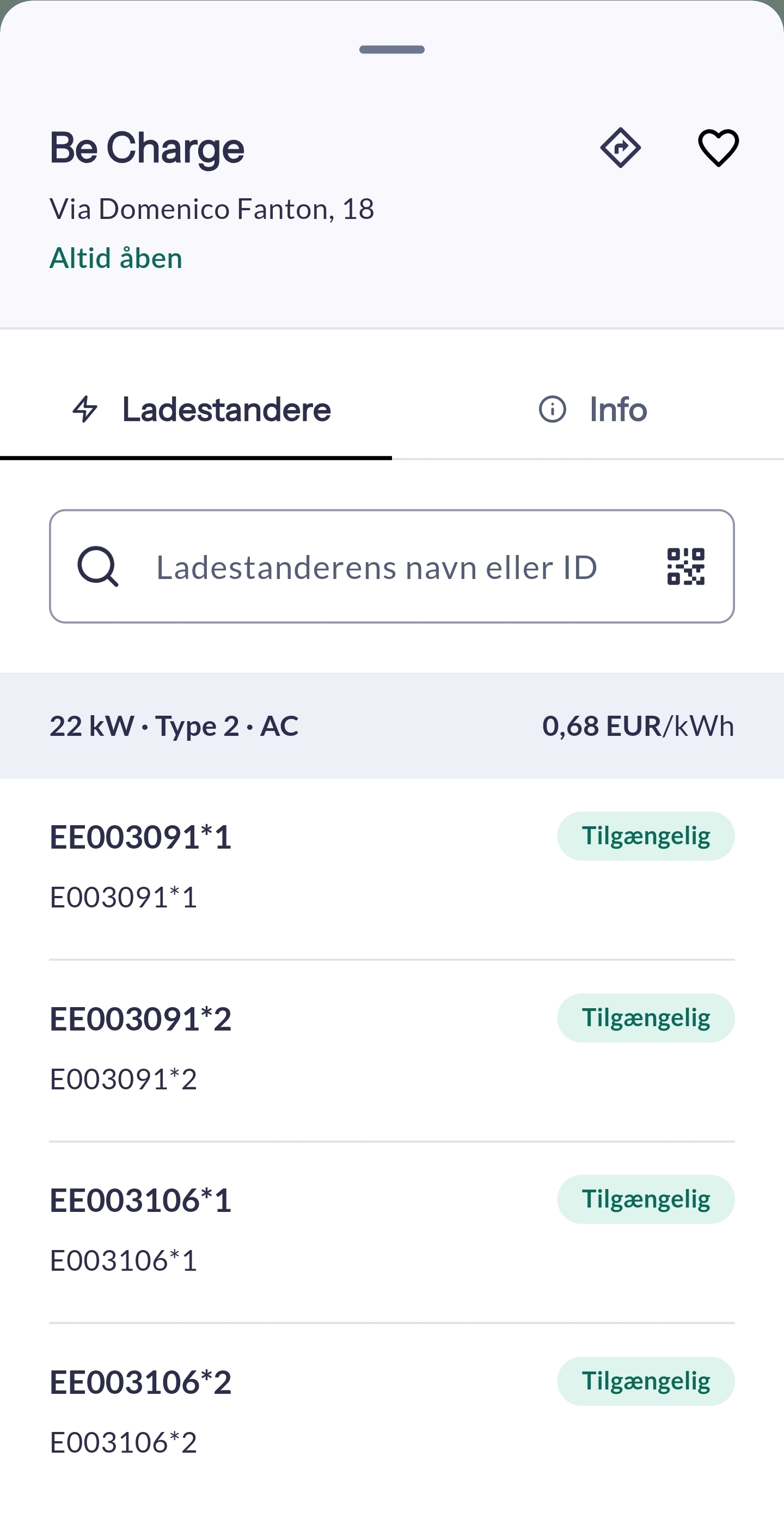 Monta app viser Be Charge ladestander i Italien med pris